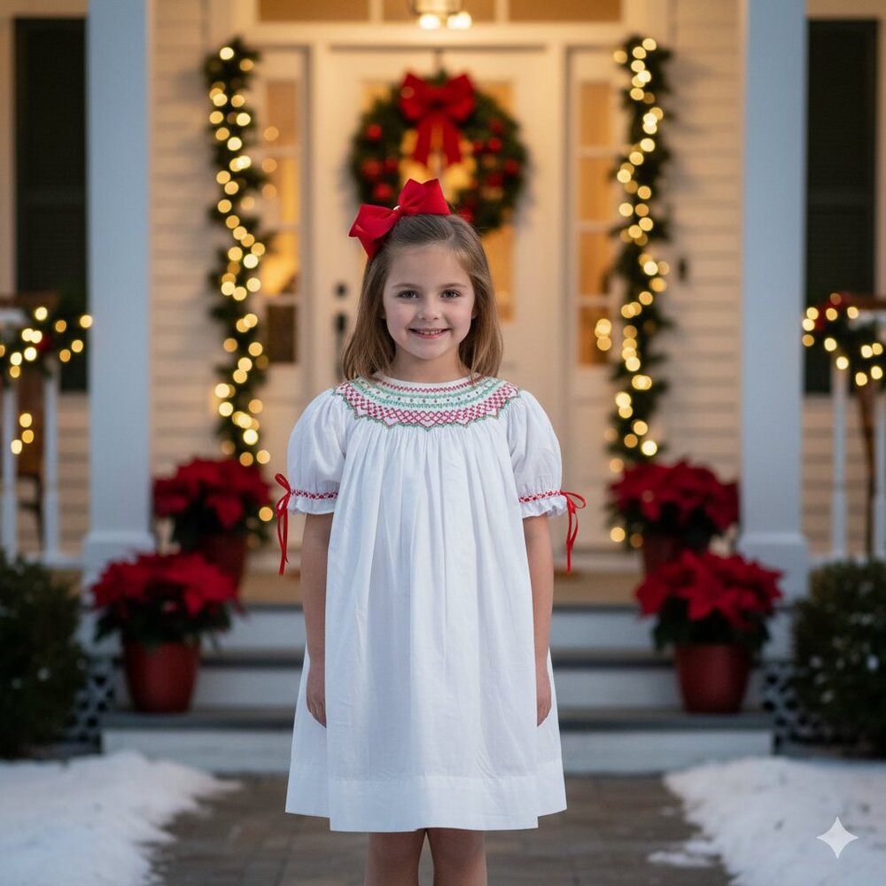 Christmas Smocked Dress – White with Red & Green Bishop Smocking-Holiday